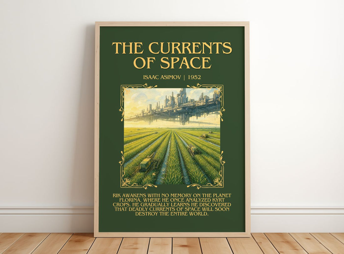The Currents of Space Minimalist Book Poster by Isaac Asimov – framed print leaning on a wooden floor