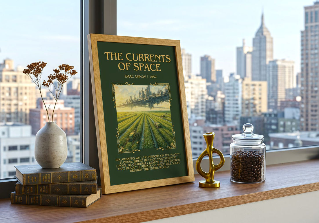 The Currents of Space Minimalist Book Poster by Isaac Asimov – framed print on a city-view windowsill