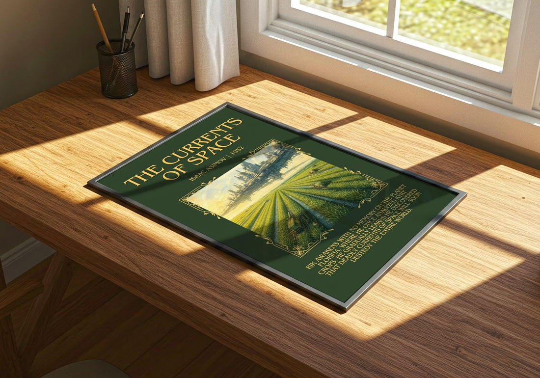 The Currents of Space Minimalist Book Poster by Isaac Asimov – print on a sunlit desk