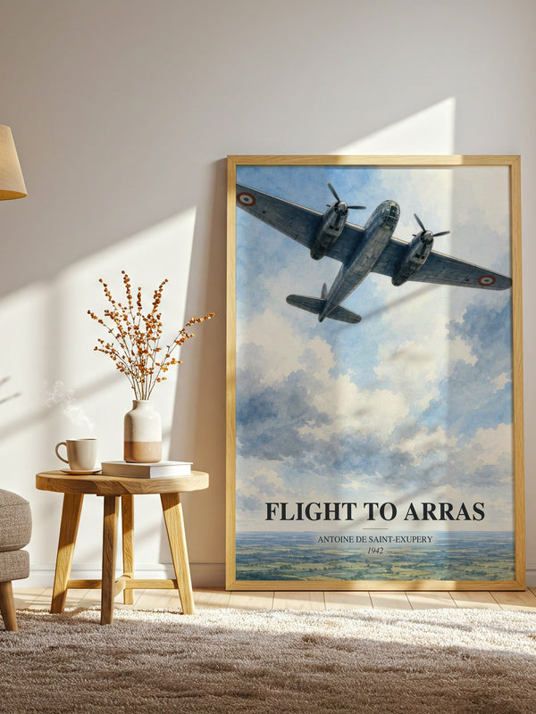 Flight To Arras watercolour print in frame leaning in hallway – memoir wall art