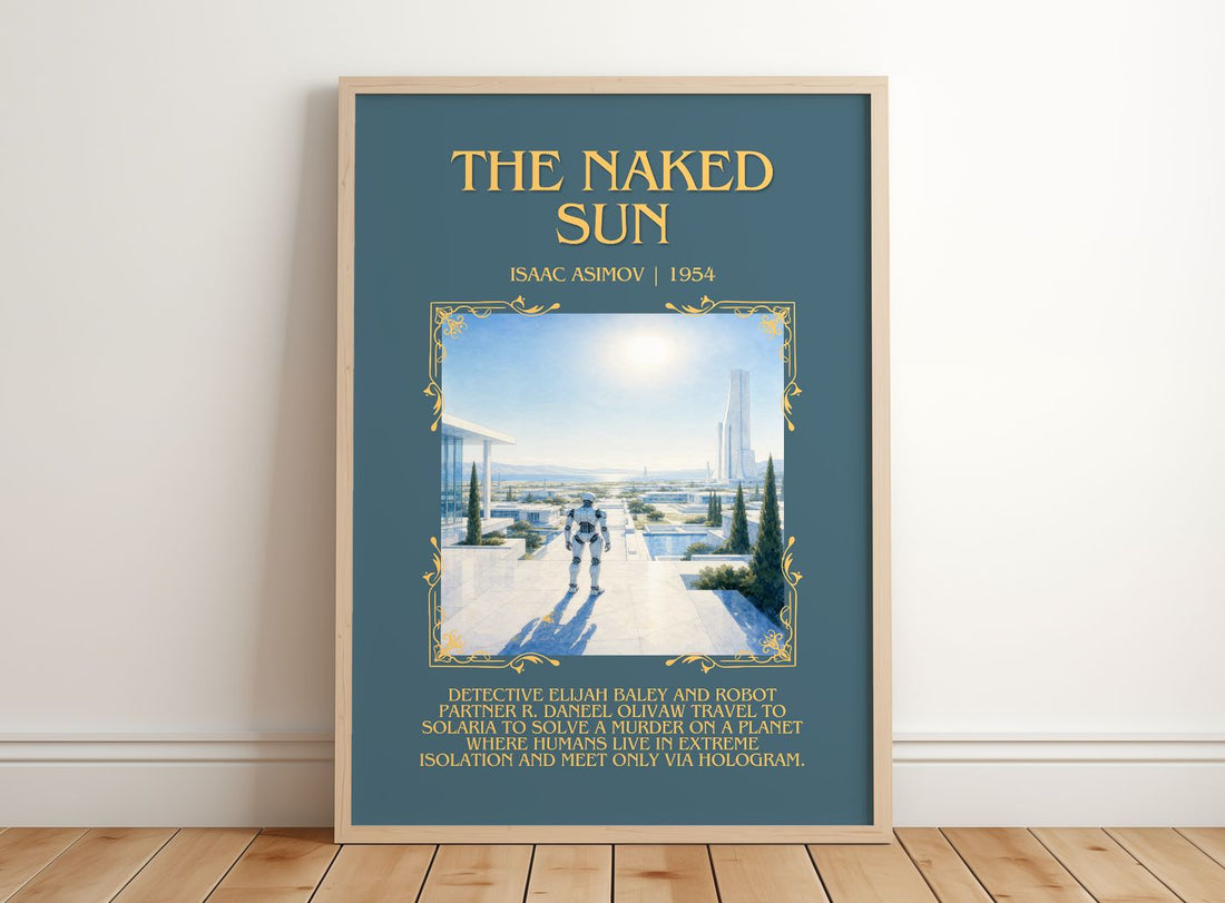 The Naked Sun Minimalist Book Poster by Isaac Asimov – framed print leaning on a wooden floor