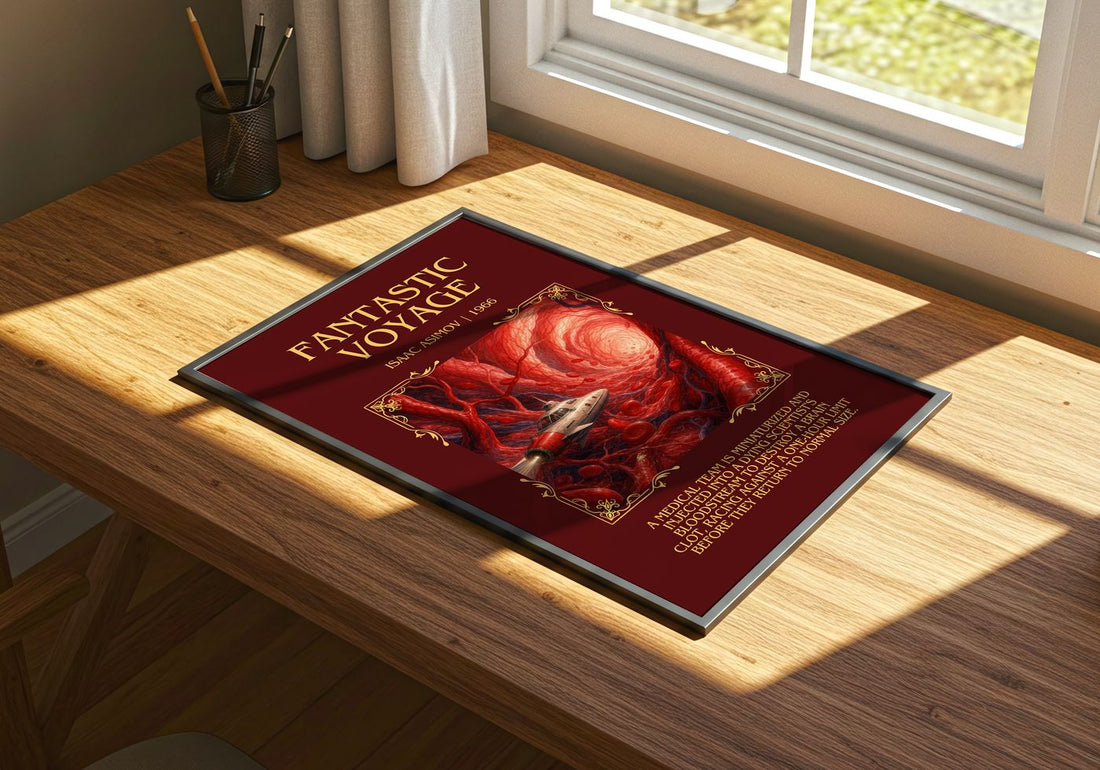 Fantastic Voyage Minimalist Book Poster by Isaac Asimov – print on a sunlit desk