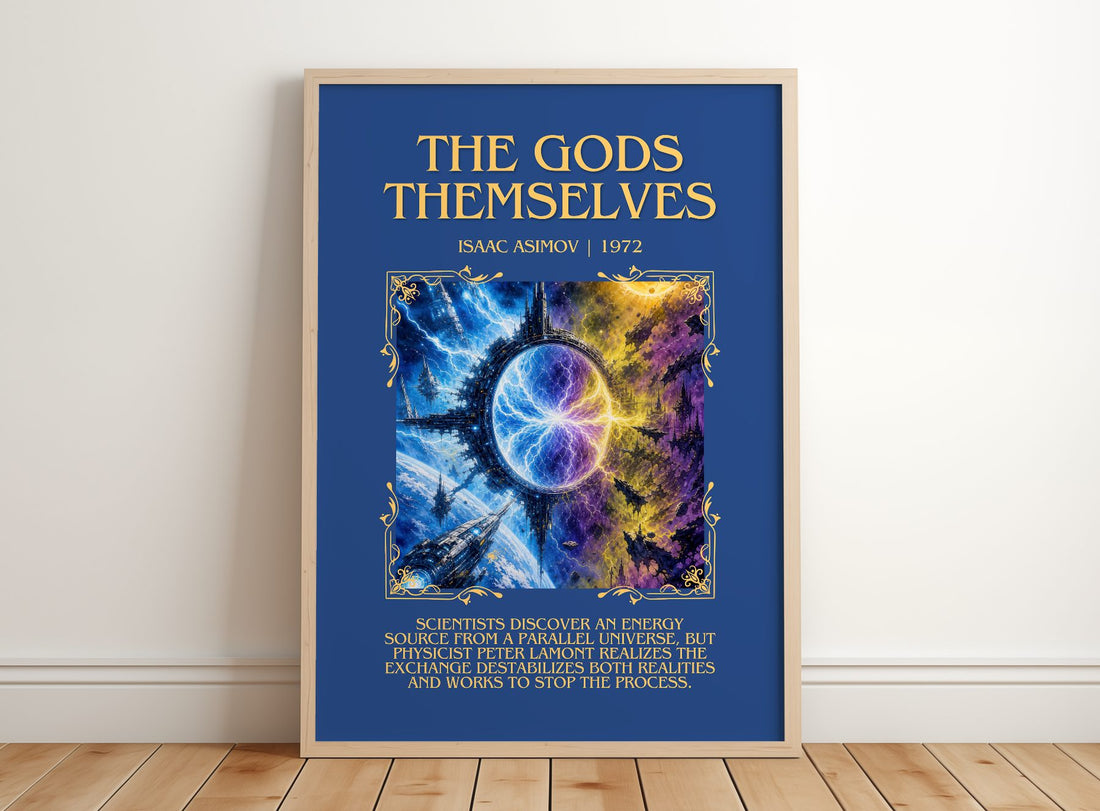 The Gods Themselves Minimalist Book Poster by Isaac Asimov – framed print leaning on a wooden floor