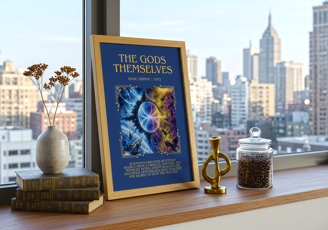 The Gods Themselves Minimalist Book Poster by Isaac Asimov – framed print on a city-view windowsill