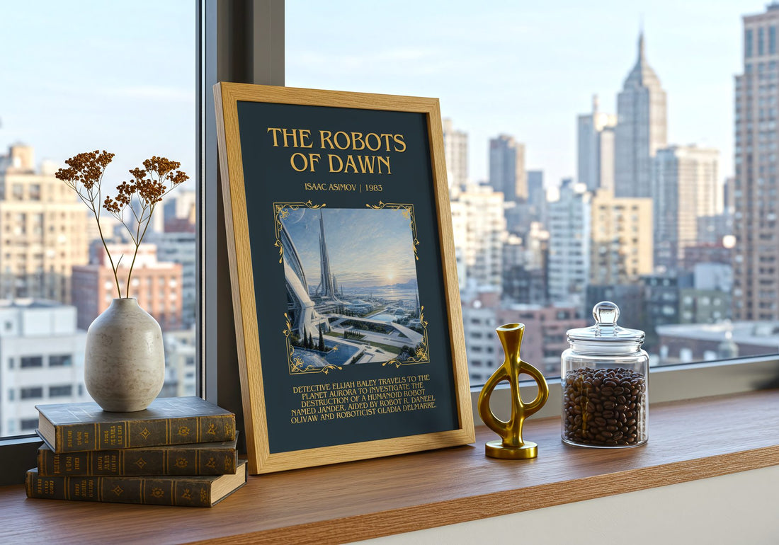 The Robots of Dawn Minimalist Book Poster by Isaac Asimov – framed print on a city-view windowsill