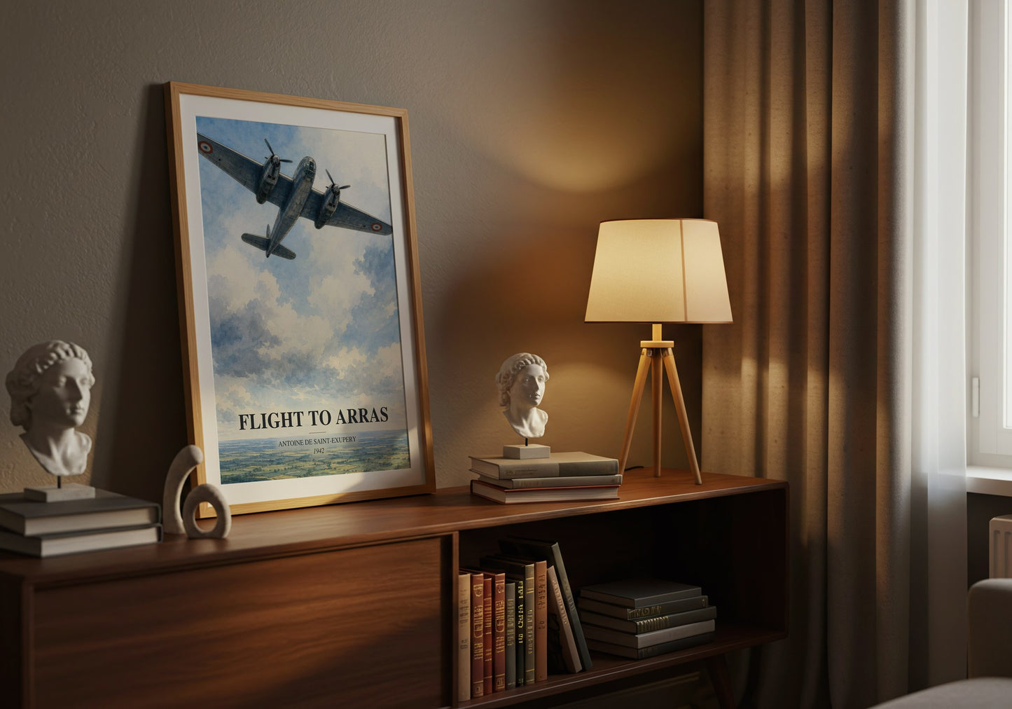 Flight To Arras watercolour print on bookshelf – Antoine De Saint-Exupery fan gift