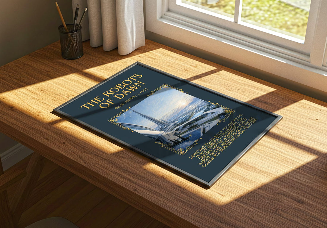 The Robots of Dawn Minimalist Book Poster by Isaac Asimov – print on a sunlit desk