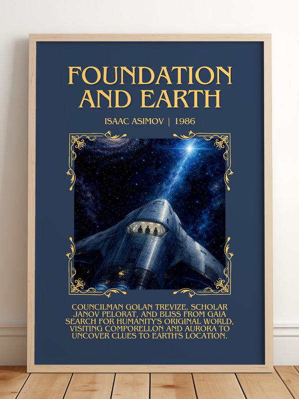 Foundation and Earth Minimalist Book Poster by Isaac Asimov – framed print leaning on a wooden floor