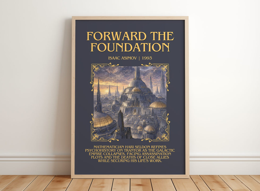 Forward the Foundation Minimalist Book Poster by Isaac Asimov – framed print leaning on a wooden floor