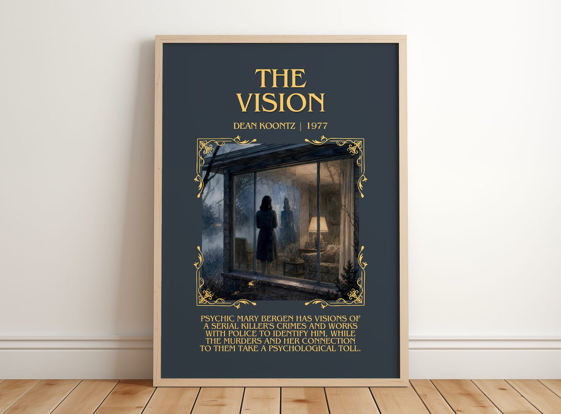 The Vision Minimalist Book Poster by Dean Koontz – framed print leaning on a wooden floor
