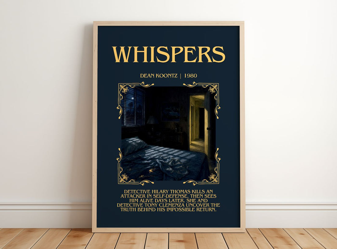 Whispers Minimalist Book Poster by Dean Koontz – framed print leaning on a wooden floor