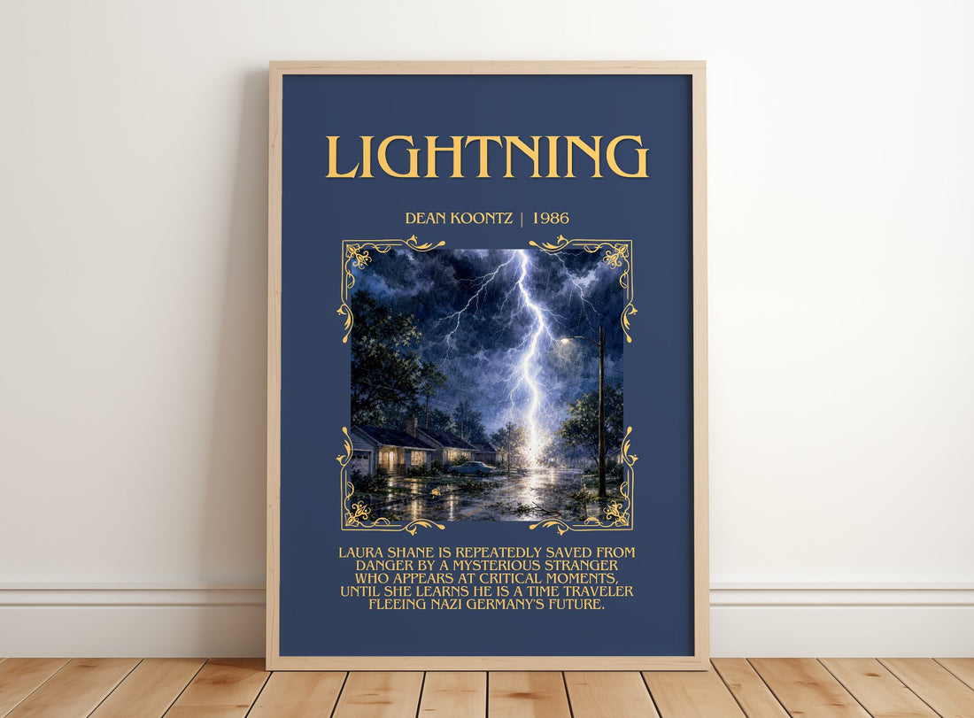 Lightning Minimalist Book Poster by Dean Koontz – framed print leaning on a wooden floor