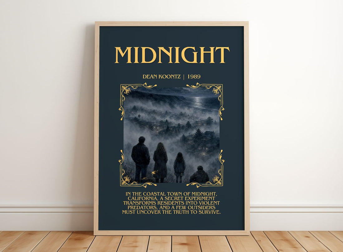 Midnight Minimalist Book Poster by Dean Koontz – framed print leaning on a wooden floor