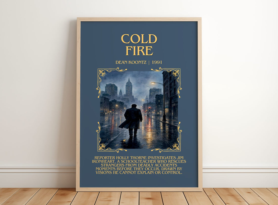Cold Fire Minimalist Book Poster by Dean Koontz – framed print leaning on a wooden floor