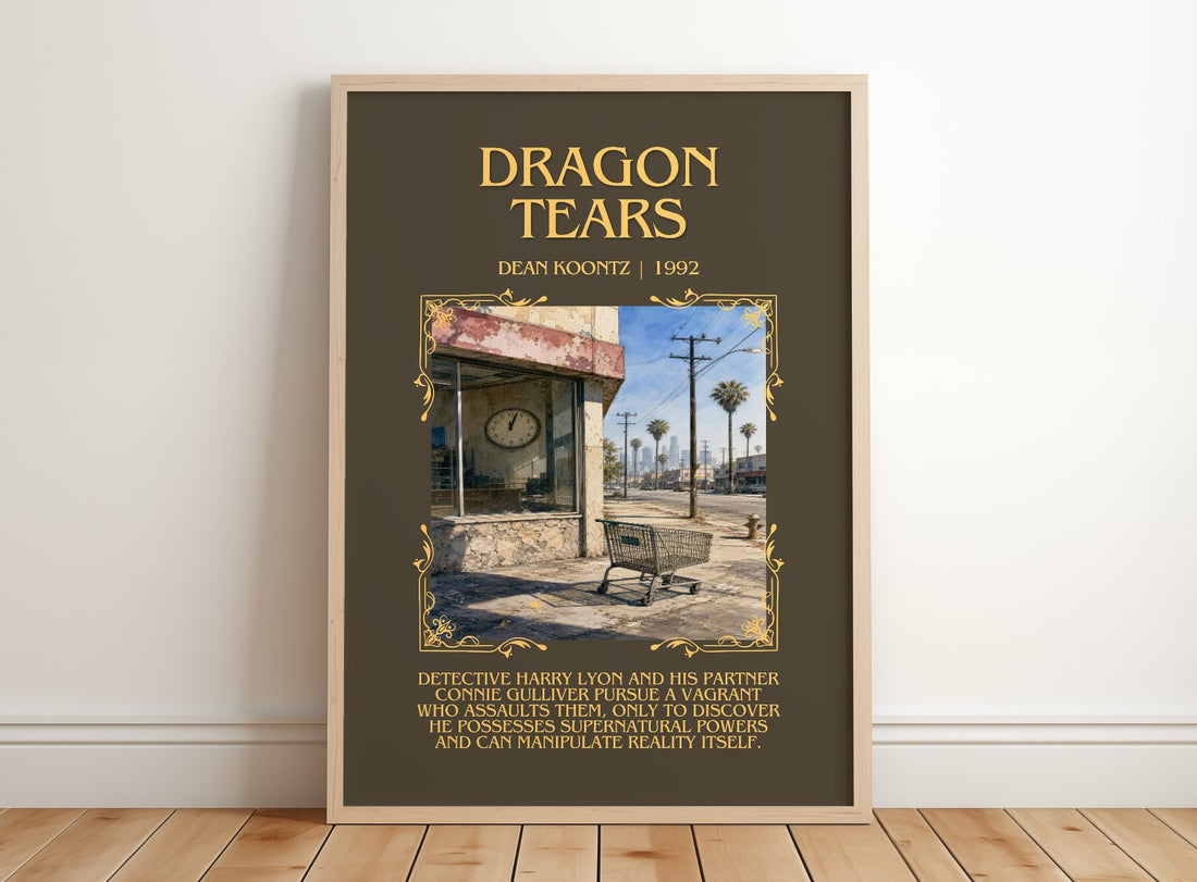 Dragon Tears Minimalist Book Poster by Dean Koontz – framed print leaning on a wooden floor