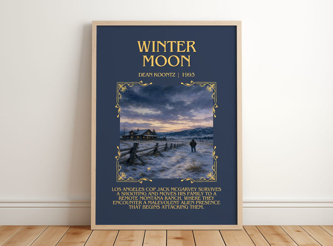 Winter Moon Minimalist Book Poster by Dean Koontz – framed print leaning on a wooden floor