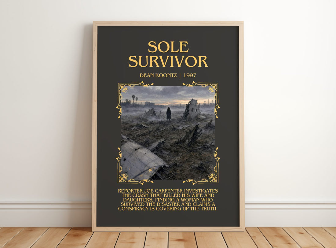 Sole Survivor Minimalist Book Poster by Dean Koontz – framed print leaning on a wooden floor