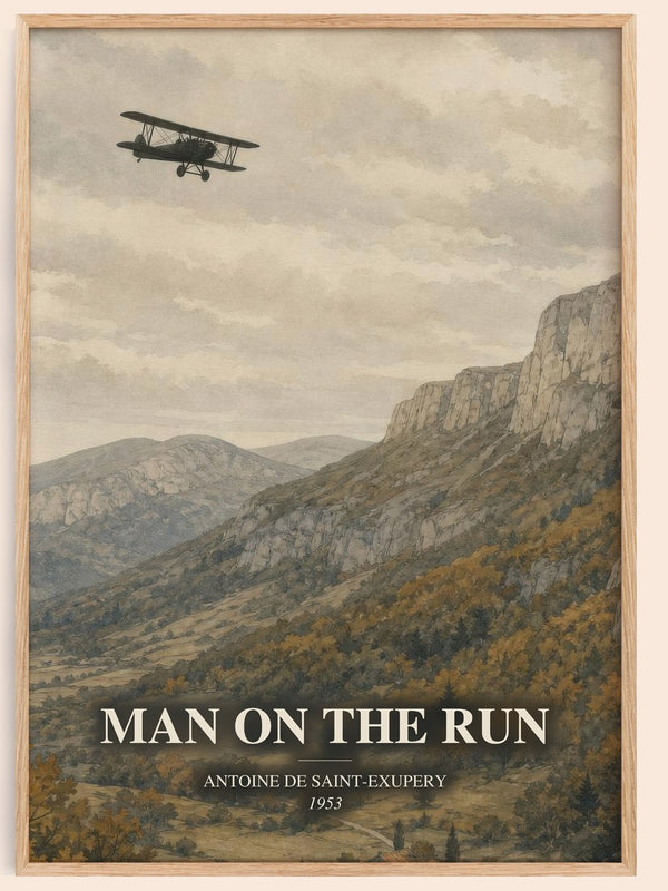 Man On The Run watercolour book poster by Antoine De Saint-Exupery – framed literary art print