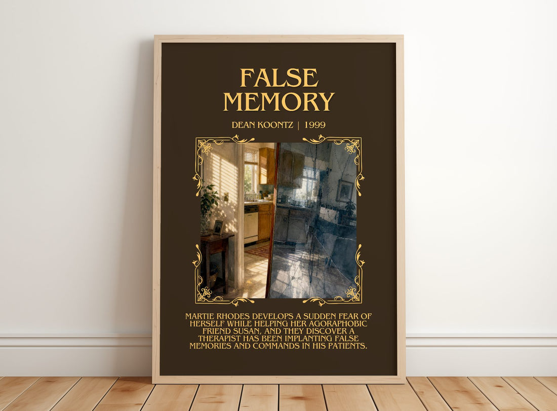 False Memory Minimalist Book Poster by Dean Koontz – framed print leaning on a wooden floor