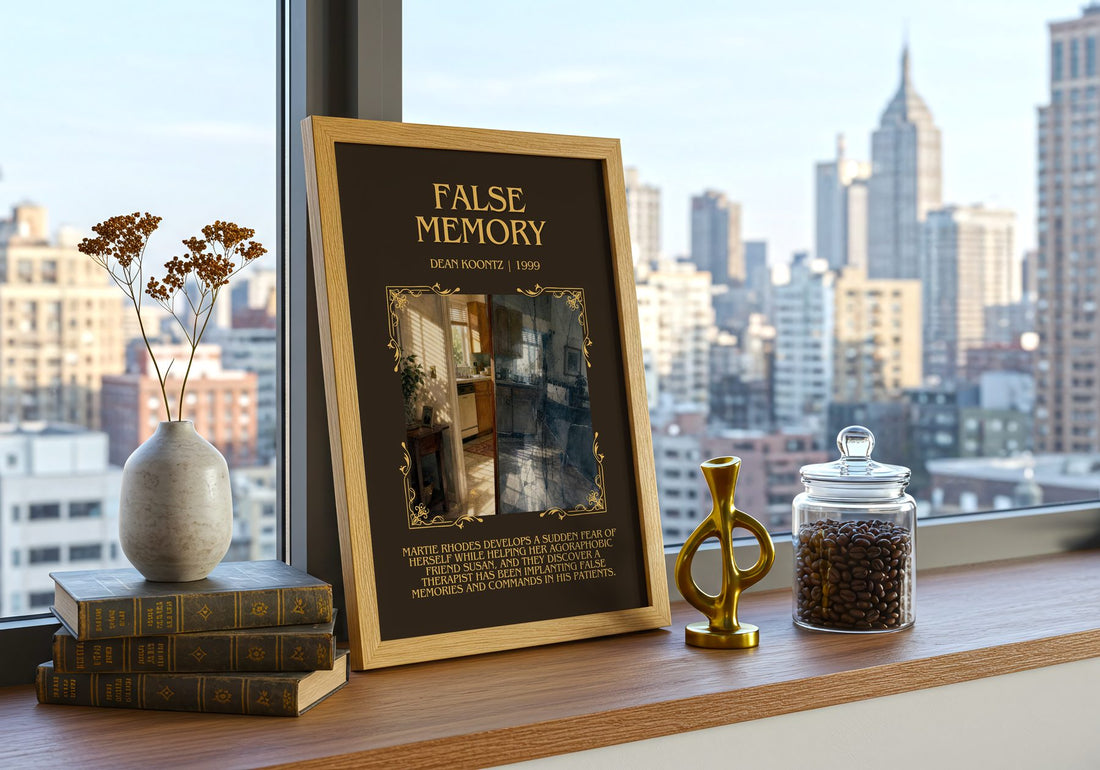 False Memory Minimalist Book Poster by Dean Koontz – framed print on a city-view windowsill