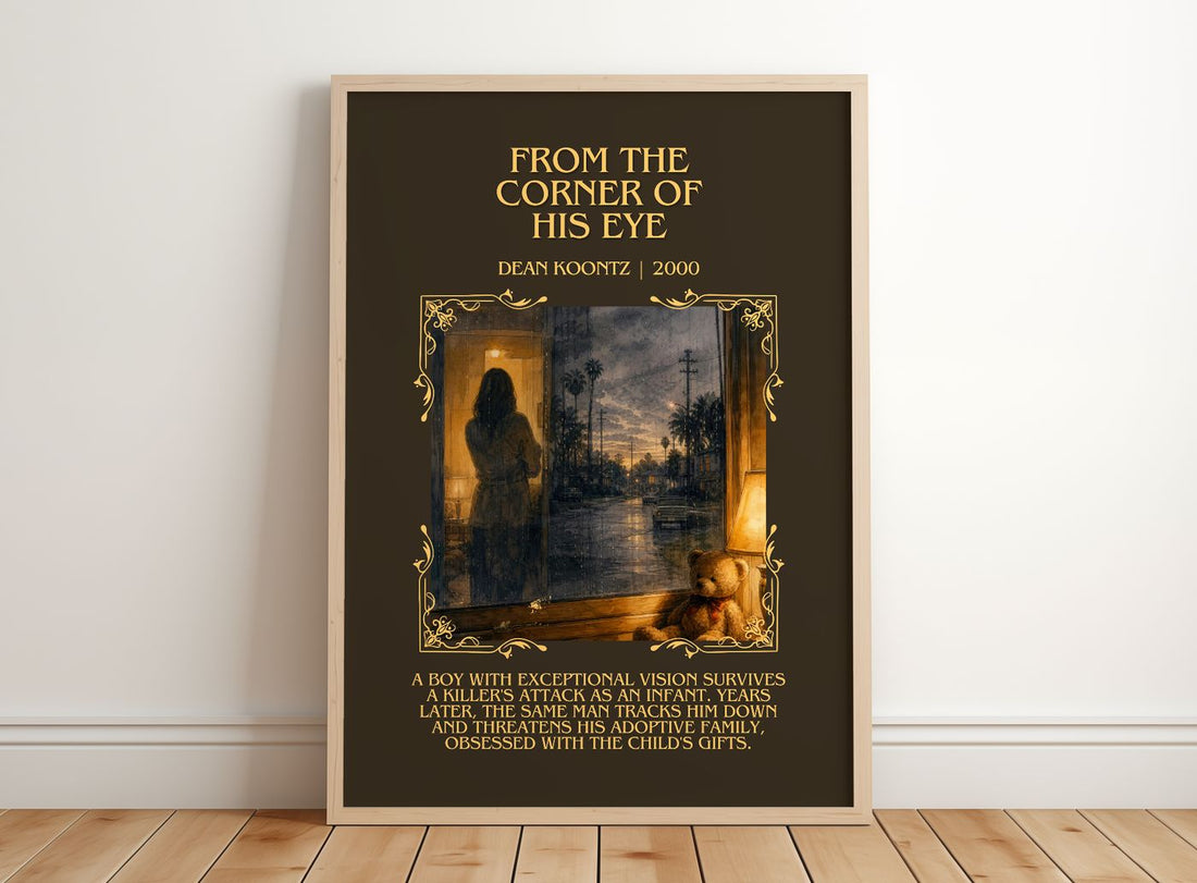 From the Corner of His Eye Minimalist Book Poster by Dean Koontz – framed print leaning on a wooden floor