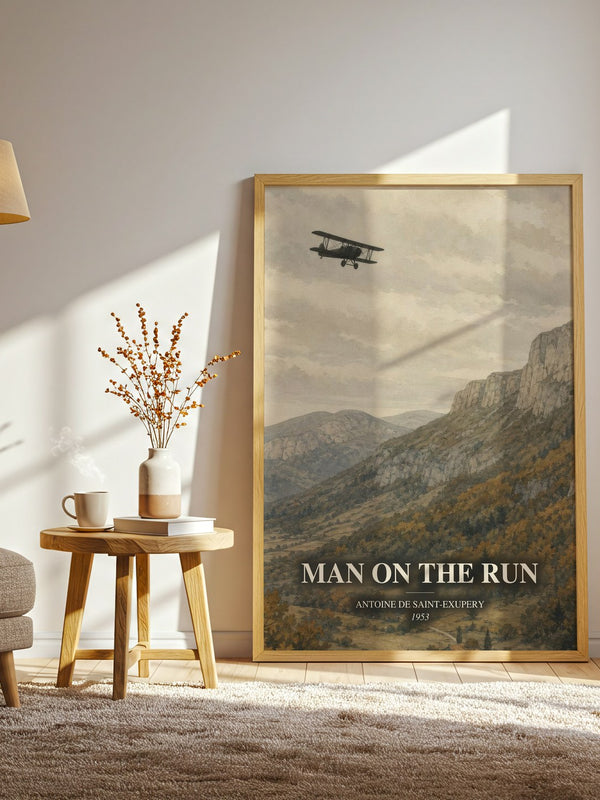 Man On The Run watercolour print in frame leaning in hallway – memoir wall art