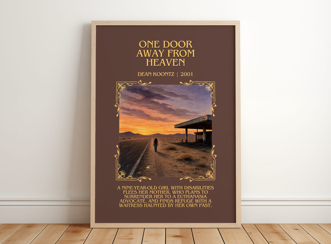 One Door Away from Heaven Minimalist Book Poster by Dean Koontz – framed print leaning on a wooden floor