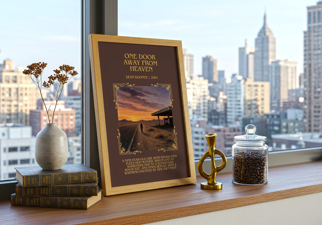 One Door Away from Heaven Minimalist Book Poster by Dean Koontz – framed print on a city-view windowsill