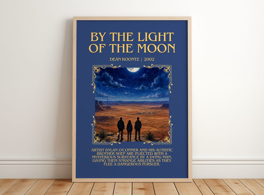 By the Light of the Moon Minimalist Book Poster by Dean Koontz – framed print leaning on a wooden floor