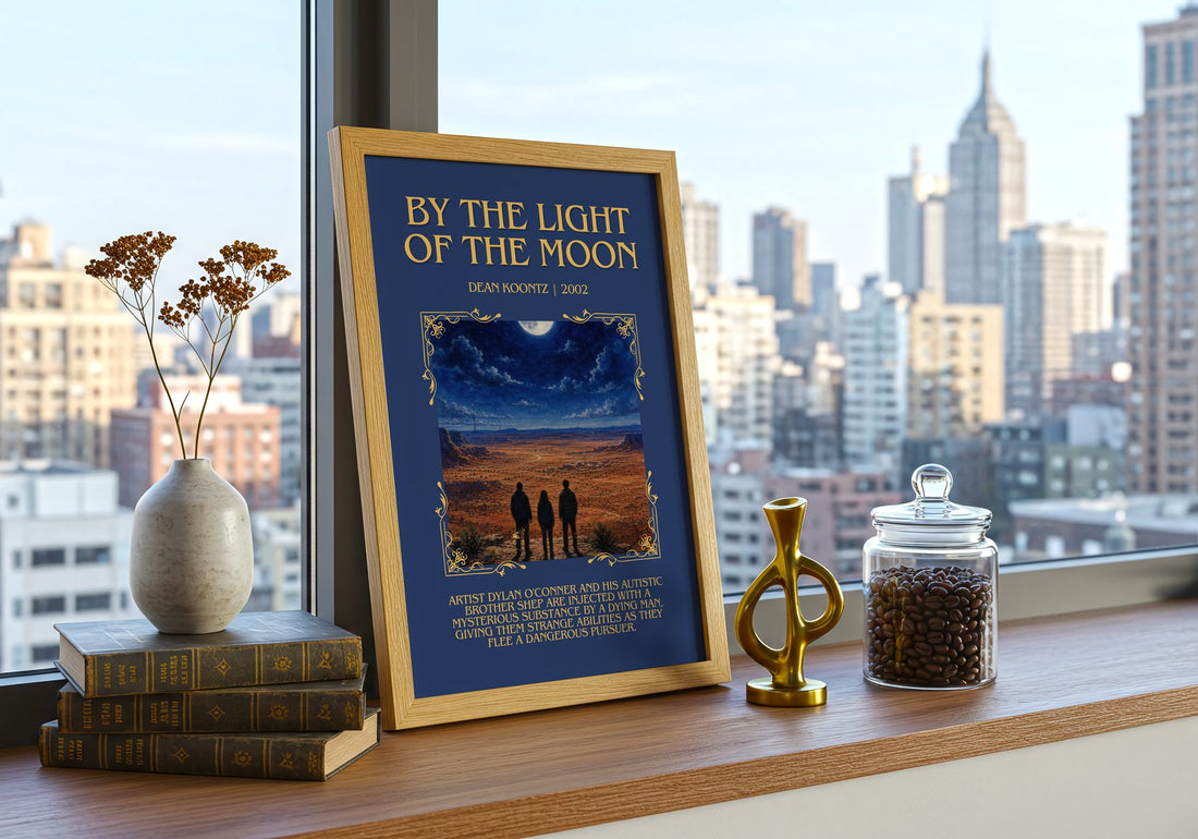 By the Light of the Moon Minimalist Book Poster by Dean Koontz – framed print on a city-view windowsill