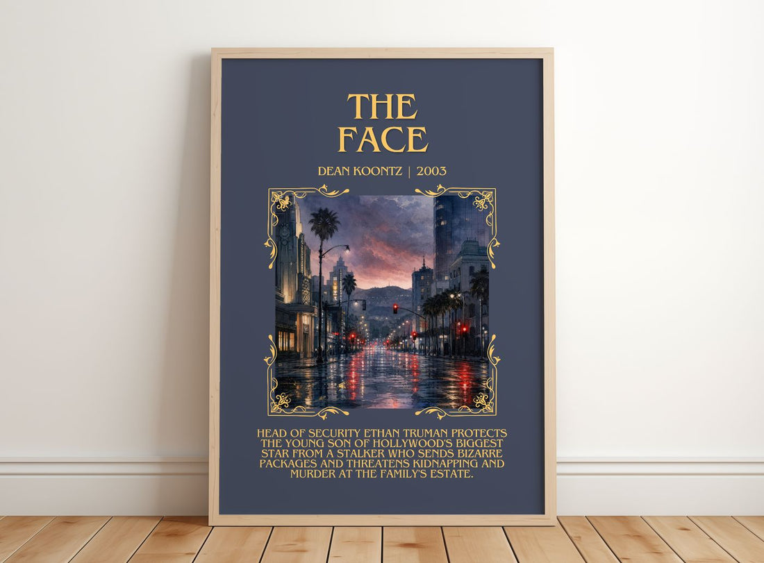 The Face Minimalist Book Poster by Dean Koontz – framed print leaning on a wooden floor