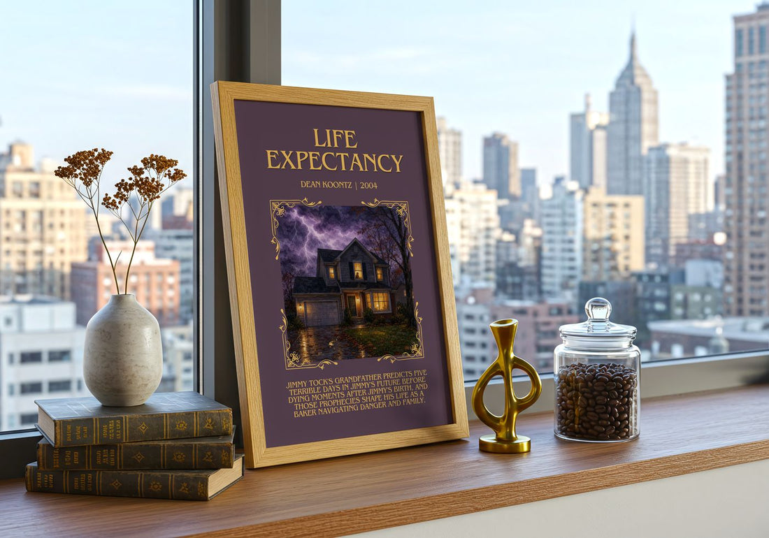 Life Expectancy Minimalist Book Poster by Dean Koontz – framed print on a city-view windowsill