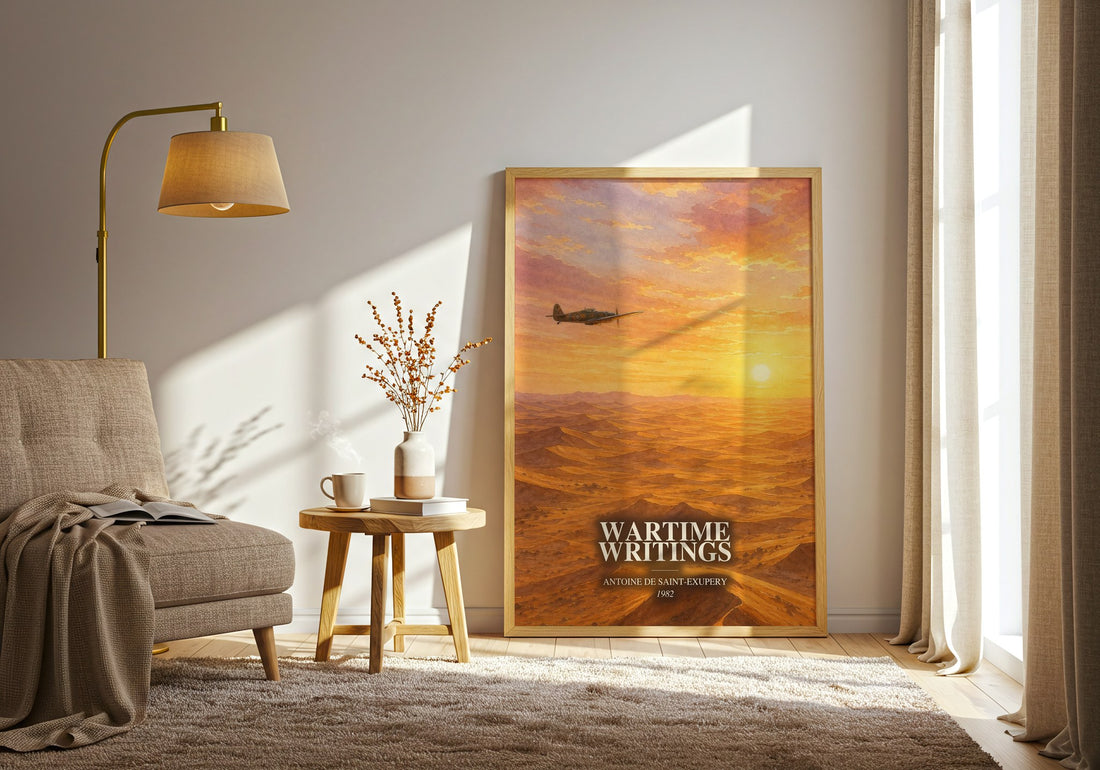 Wartime Writings watercolour print in frame leaning in hallway – non fiction wall art (mockup)