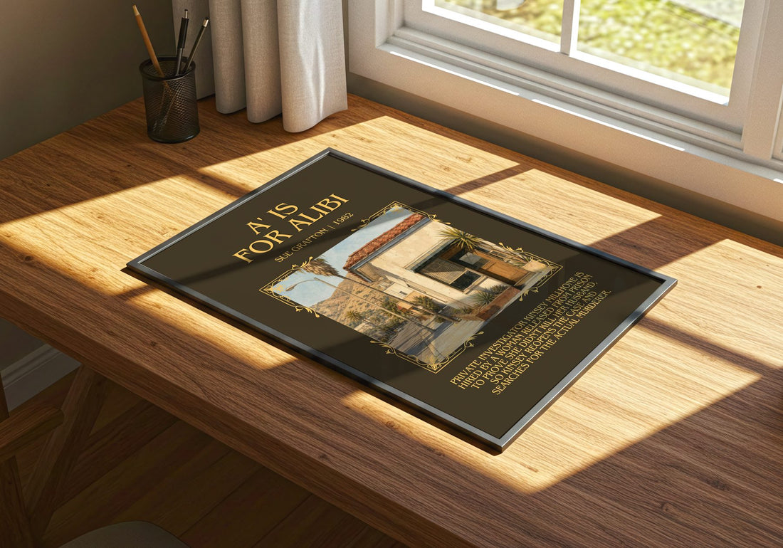 A' Is for Alibi Minimalist Book Poster by Sue Grafton – print on a sunlit desk