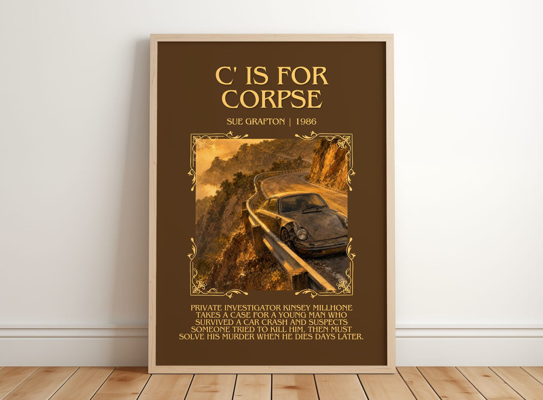 C' Is for Corpse Minimalist Book Poster by Sue Grafton – framed print leaning on a wooden floor