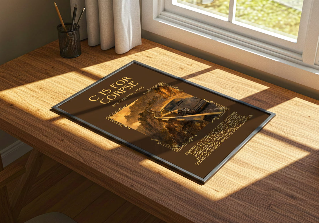 C' Is for Corpse Minimalist Book Poster by Sue Grafton – print on a sunlit desk