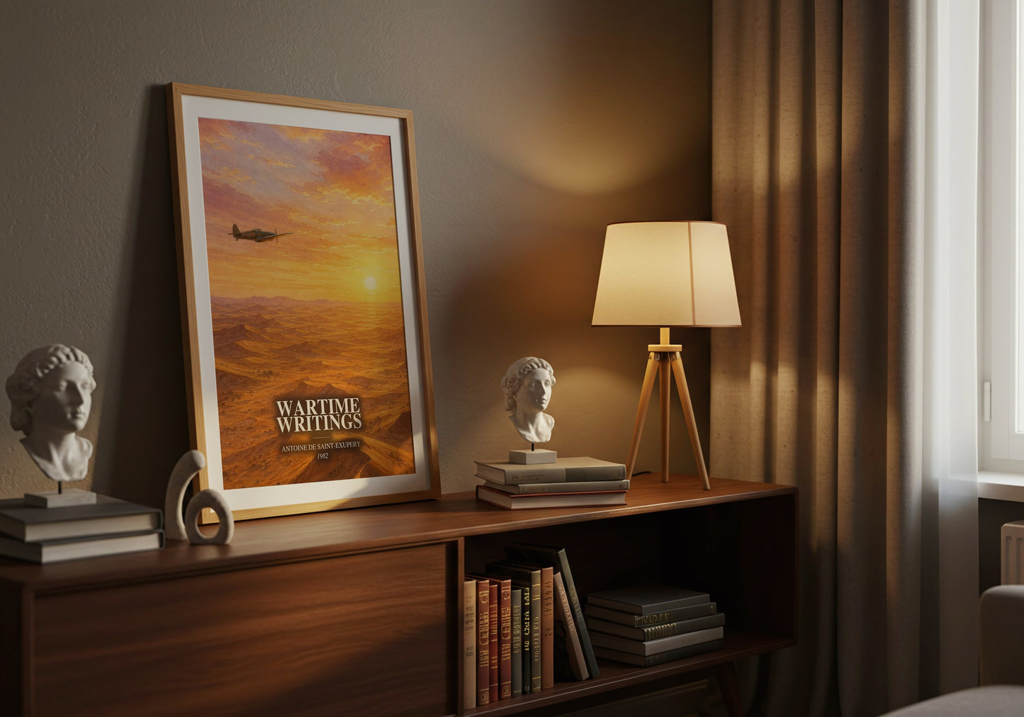 Wartime Writings watercolour print on bookshelf – Antoine De Saint-Exupery fan gift
