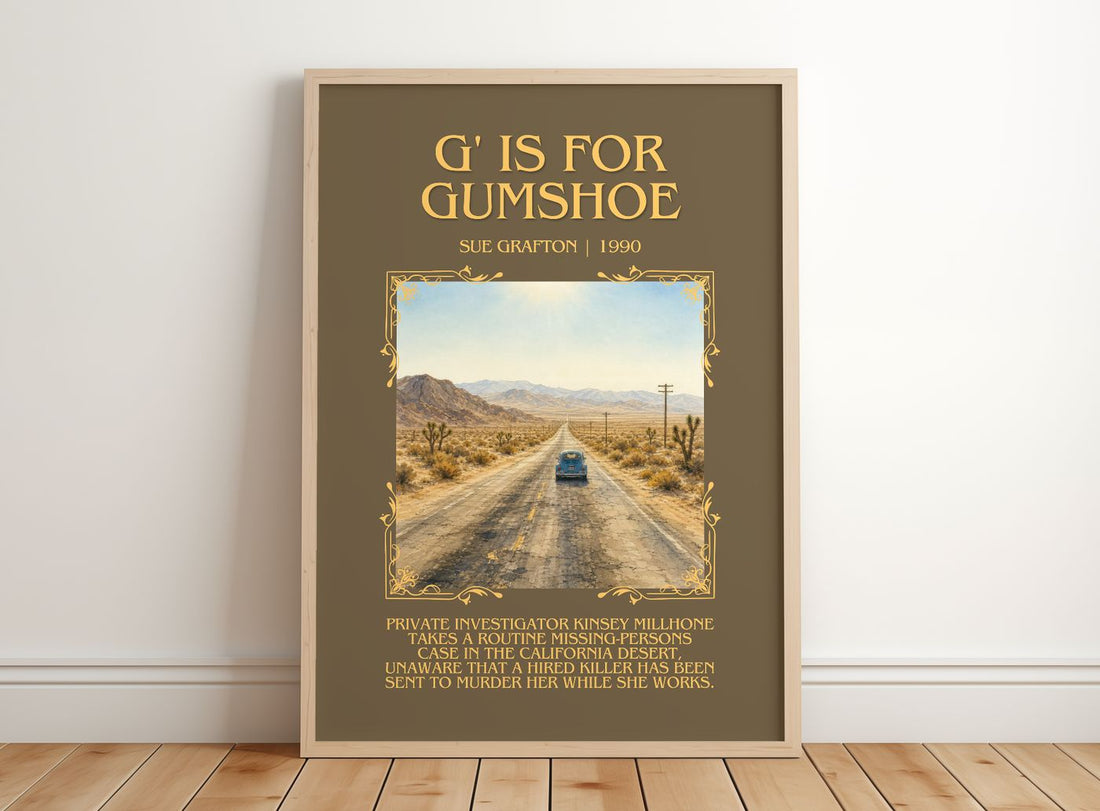 G' Is for Gumshoe Minimalist Book Poster by Sue Grafton – framed print leaning on a wooden floor