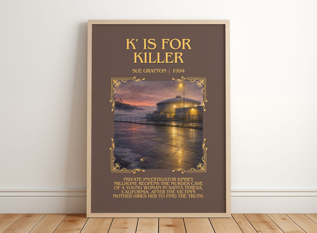 K' Is for Killer Minimalist Book Poster by Sue Grafton – framed print leaning on a wooden floor