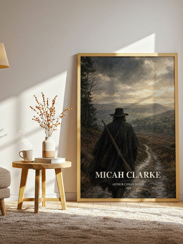Micah Clarke watercolour print in frame leaning in hallway – historical fiction wall art