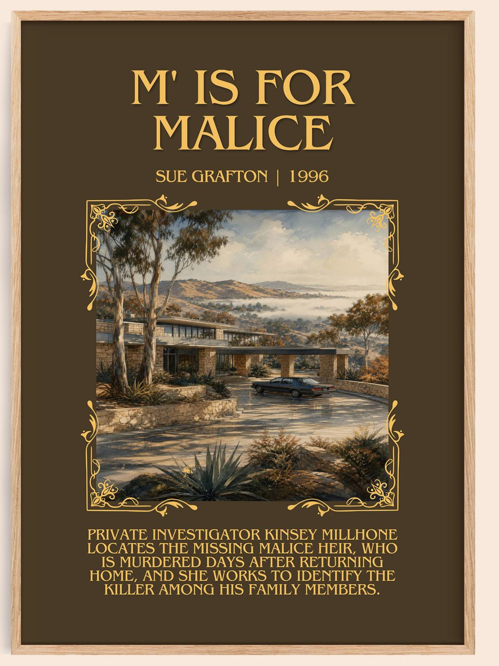 M' Is for Malice Minimalist Book Poster by Sue Grafton – book poster