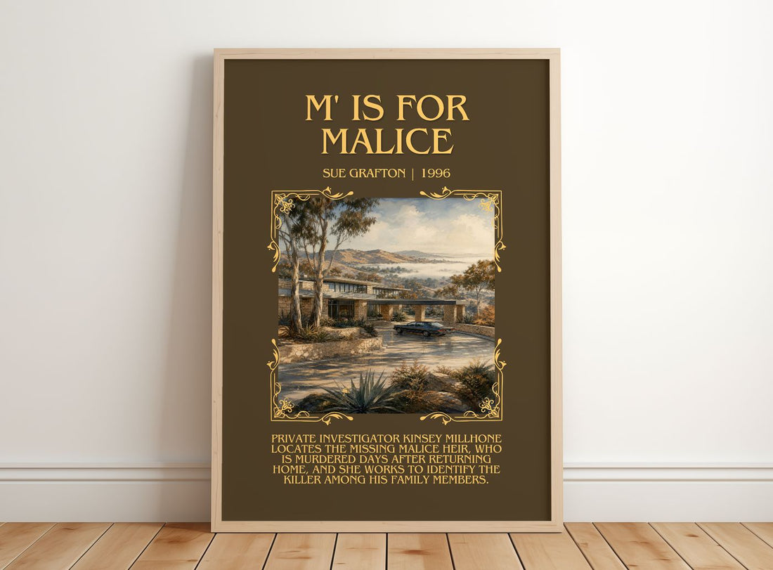 M' Is for Malice Minimalist Book Poster by Sue Grafton – framed print leaning on a wooden floor
