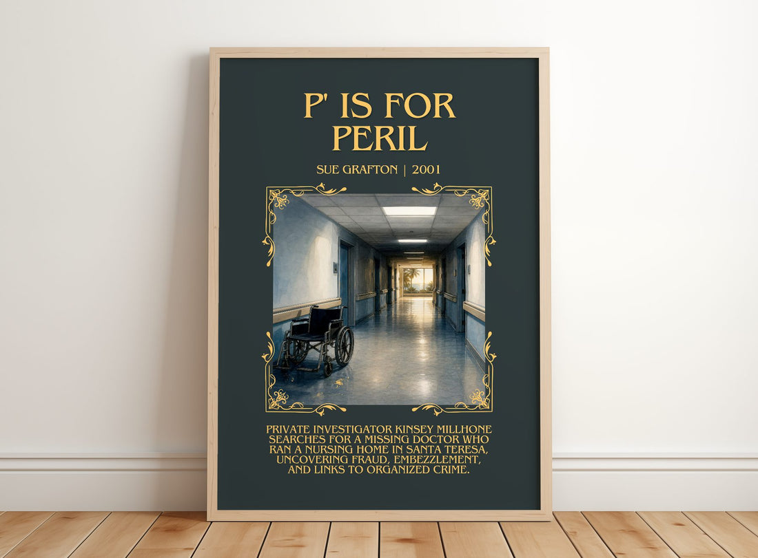 P' Is for Peril Minimalist Book Poster by Sue Grafton – framed print leaning on a wooden floor