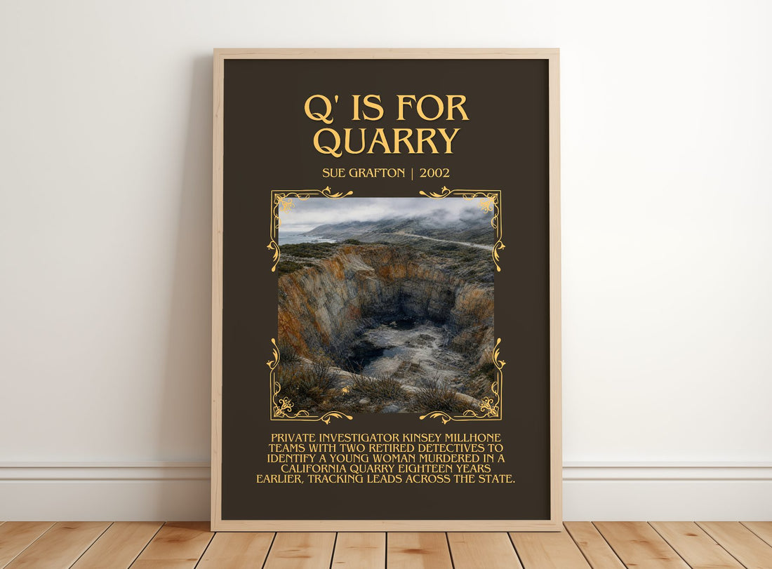 Q' Is for Quarry Minimalist Book Poster by Sue Grafton – framed print leaning on a wooden floor