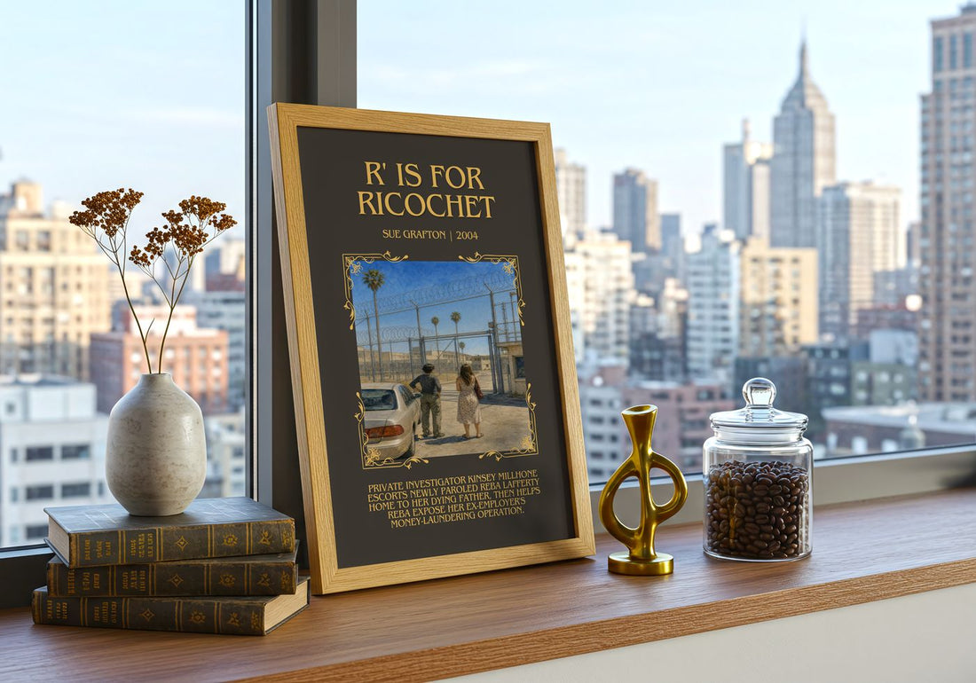 R' Is for Ricochet Minimalist Book Poster by Sue Grafton – framed print on a city-view windowsill