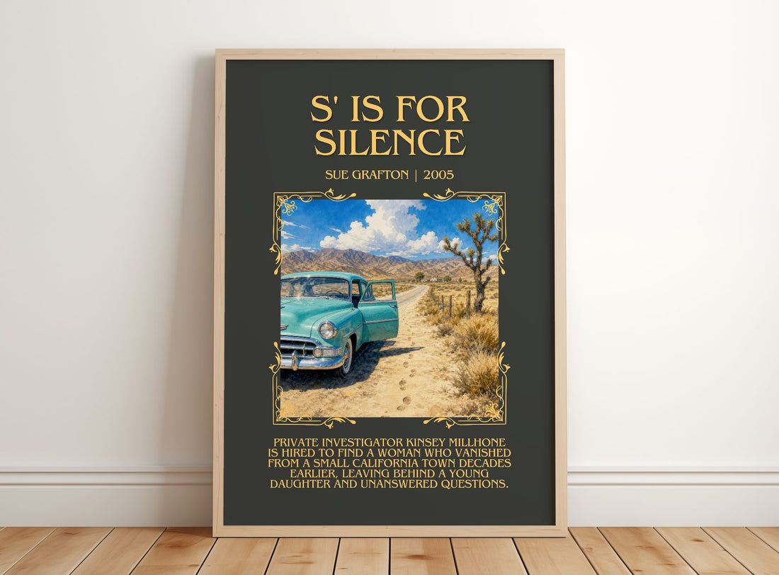 S' Is for Silence Minimalist Book Poster by Sue Grafton – framed print leaning on a wooden floor