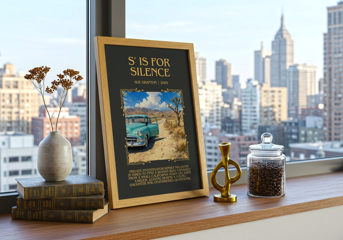 S' Is for Silence Minimalist Book Poster by Sue Grafton – framed print on a city-view windowsill