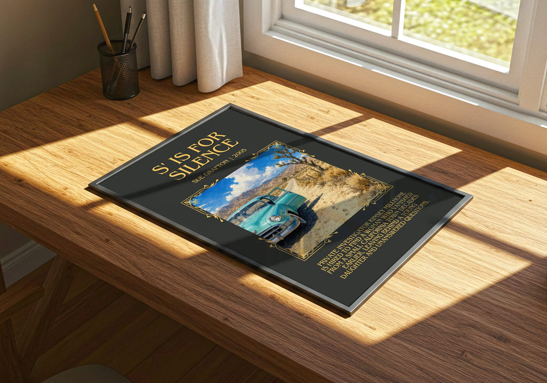 S' Is for Silence Minimalist Book Poster by Sue Grafton – print on a sunlit desk