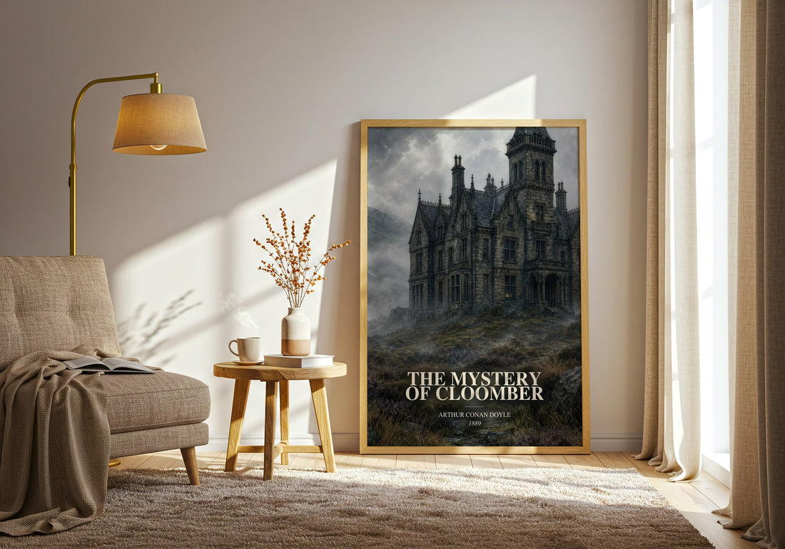 The Mystery Of Cloomber watercolour print in frame leaning in hallway – mystery wall art (mockup)