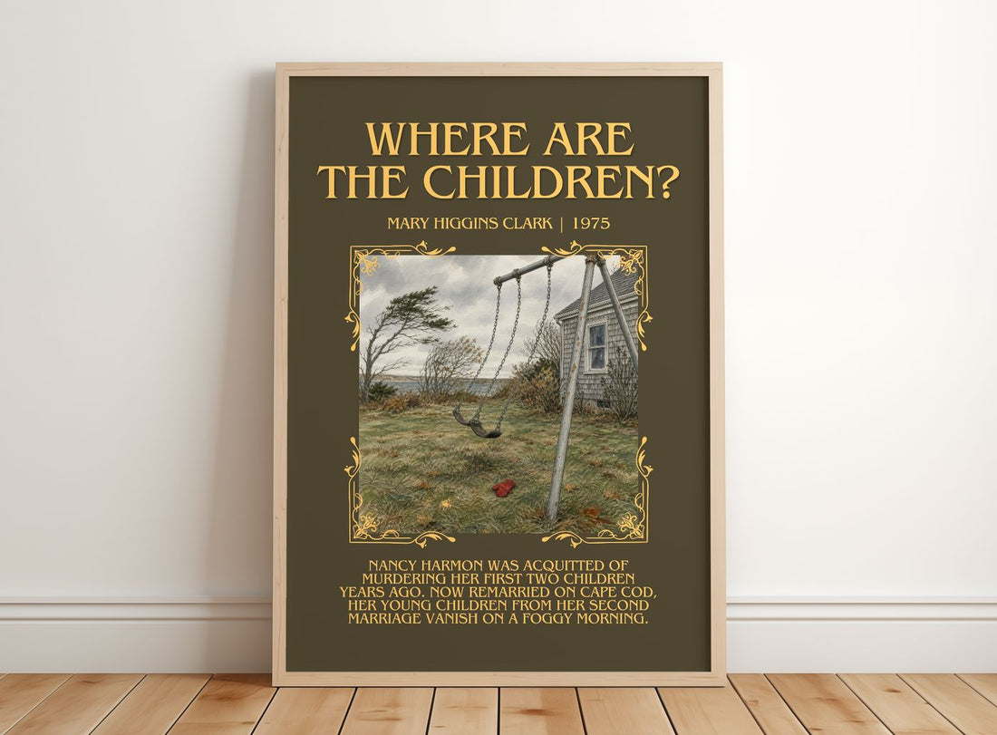 Where Are the Children? Minimalist Book Poster by Mary Higgins Clark – framed print leaning on a wooden floor